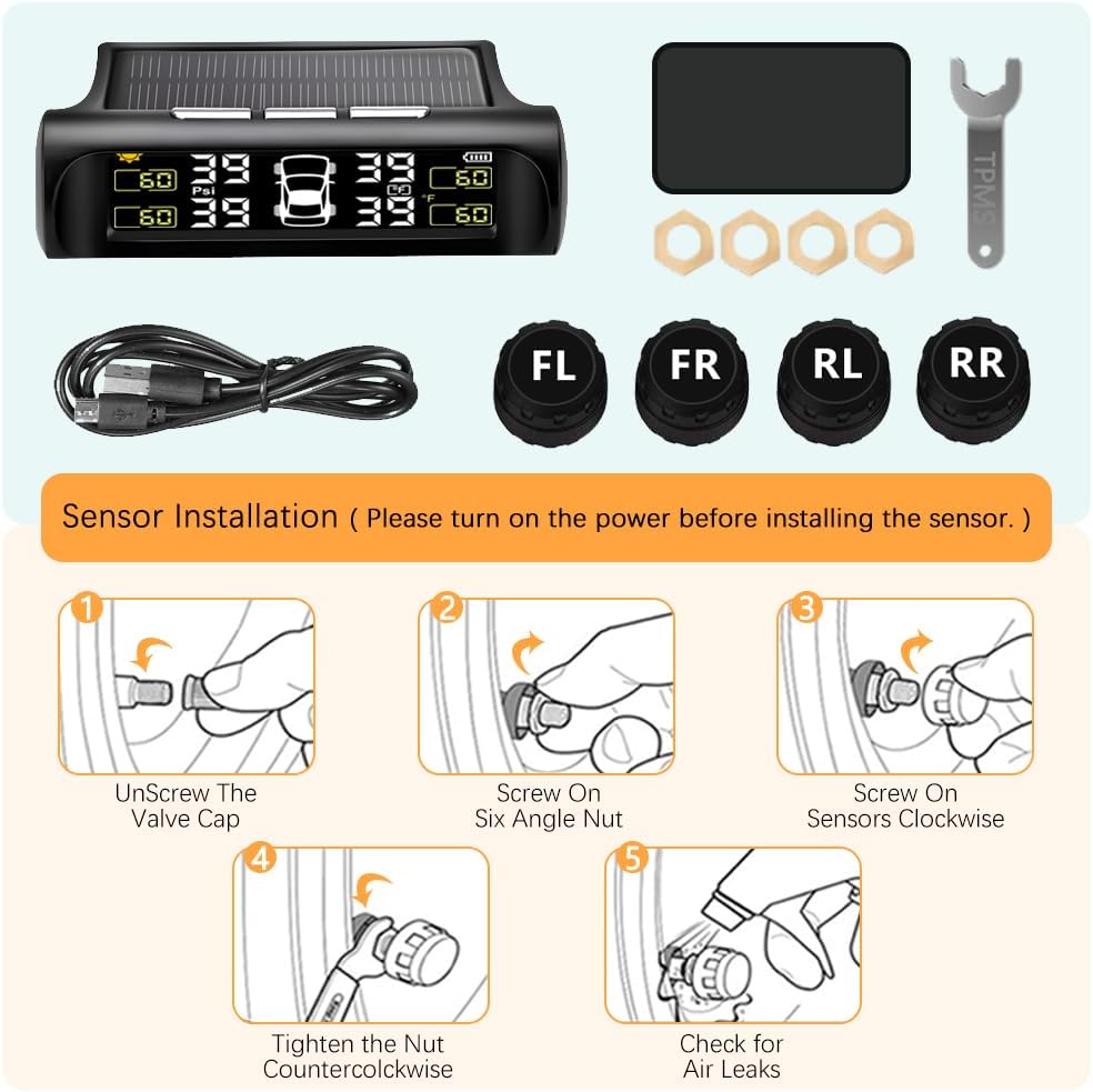 Dailyardtool®Solar Power Car Tire Pressure Monitoring Tool, TPMS with 4 External sensors & 5 Alarm Modes, LCD Real-time Display, Auto Sleep Mode, Easy to Install
