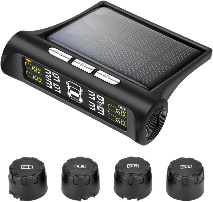 Dailyardtool®Solar Power Car Tire Pressure Monitoring Tool, TPMS with 4 External sensors & 5 Alarm Modes, LCD Real-time Display, Auto Sleep Mode, Easy to Install