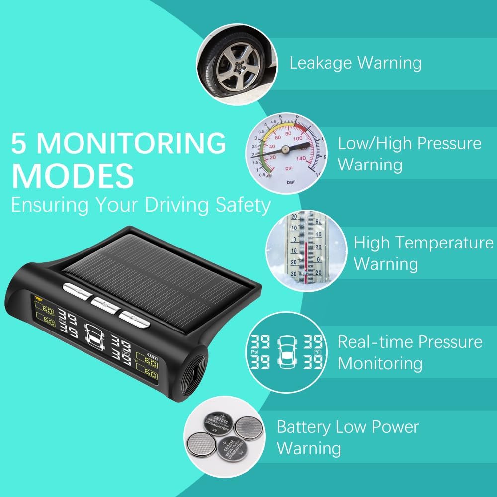 Dailyardtool®Solar Power Car Tire Pressure Monitoring Tool, TPMS with 4 External sensors & 5 Alarm Modes, LCD Real-time Display, Auto Sleep Mode, Easy to Install