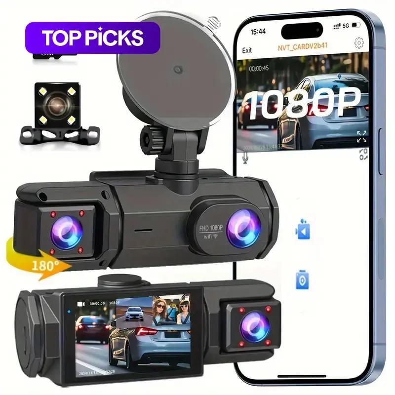 Dailyardtool®2.0-Inch IPS Screen HD 1080P 3 Lens Dashcam With Night Vision&Wifi Link