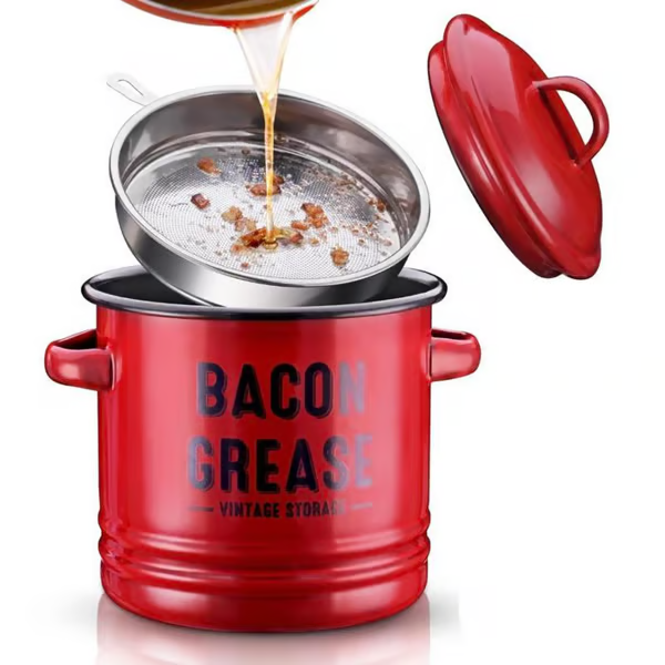 Dailyardtool® 42 oz bacon grease container with strainer and food-grade silicone spatula