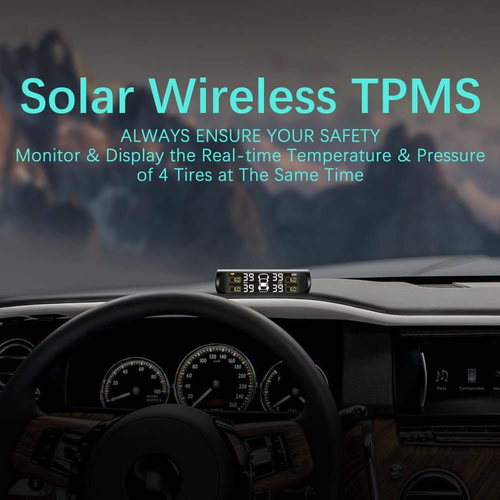 Dailyardtool®Solar Power Car Tire Pressure Monitoring Tool, TPMS with 4 External sensors & 5 Alarm Modes, LCD Real-time Display, Auto Sleep Mode, Easy to Install