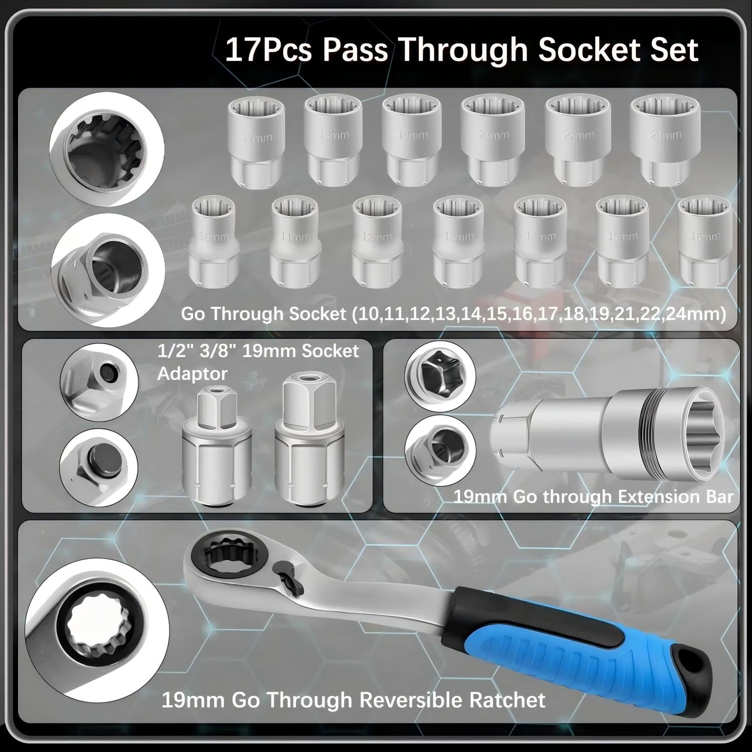 Dailyardtool®17PCS Pass Through Socket Set